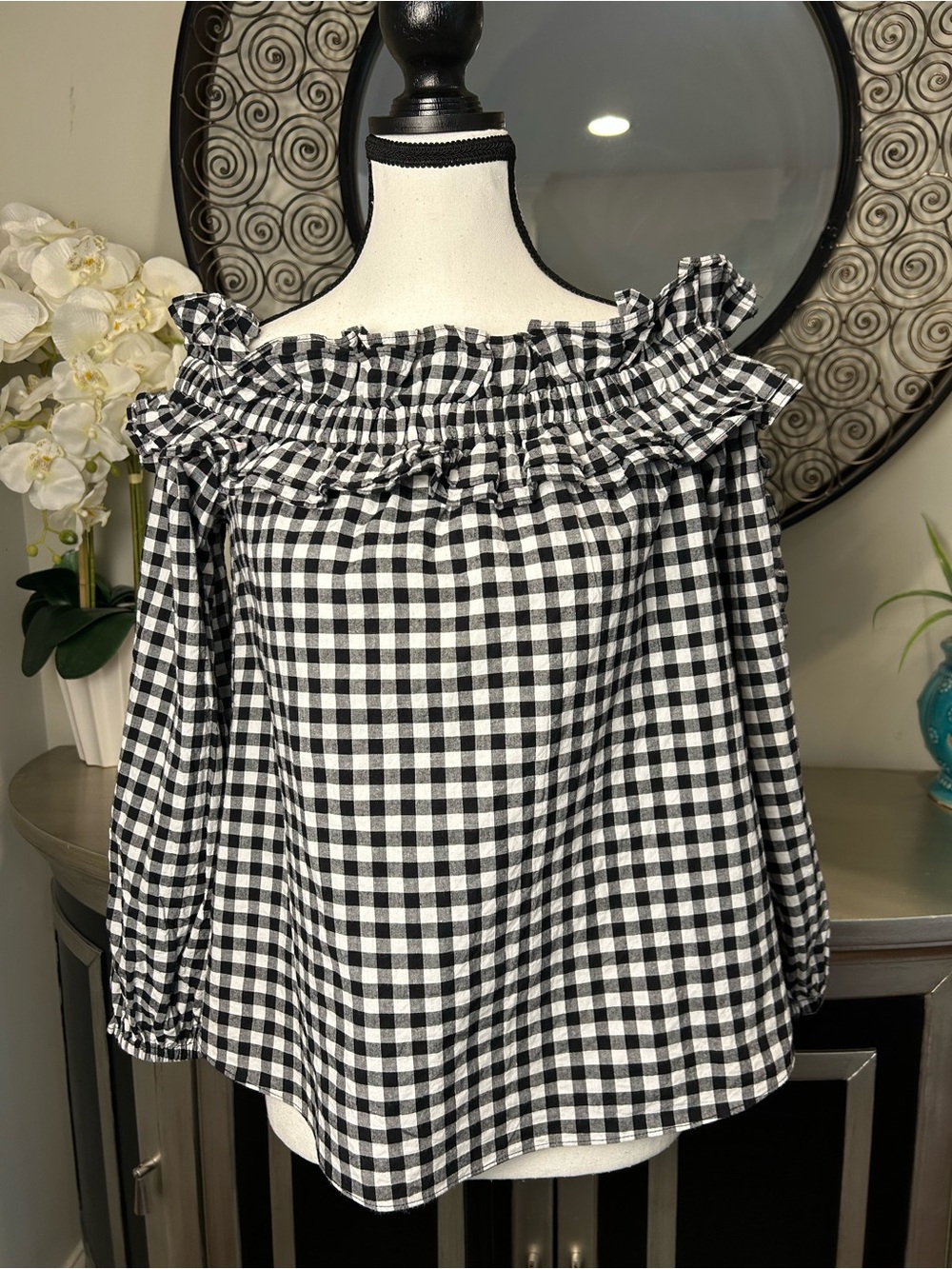 RACHEL Rachel Roy Black & White Gingham Off-Shoulder Ruffle Tunic 576